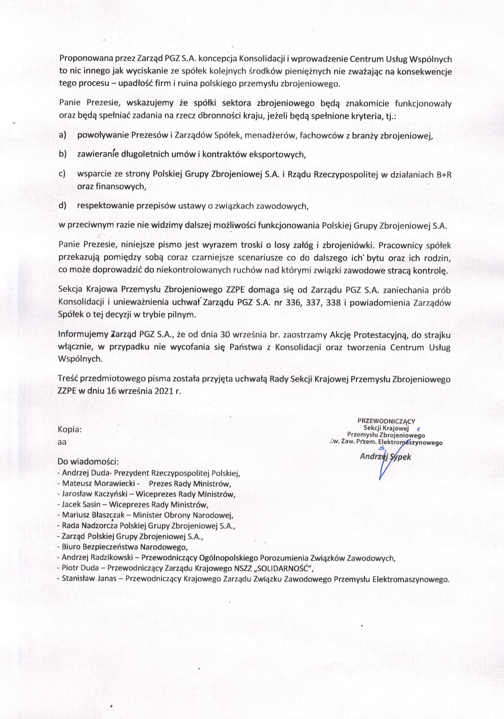 pismo SKPZ kierowane do PGZ SA dotyczy CUW i konsolidacji 2